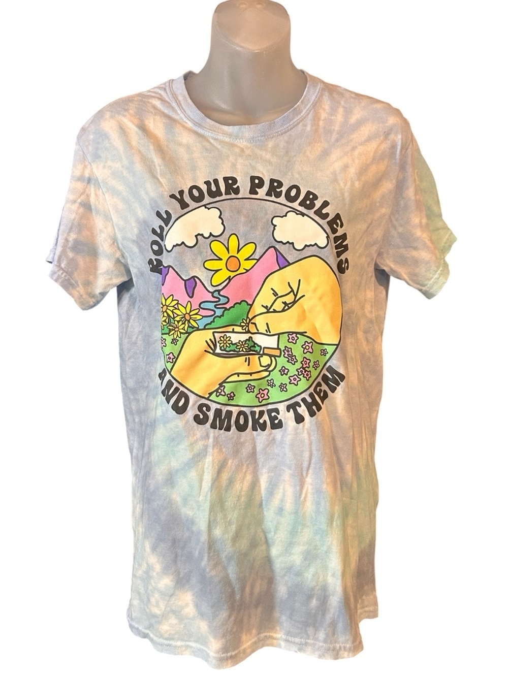 Unisex Tie-Dye Graphic Tee "Roll Your Problems and Smoke Them Away" Multicolor